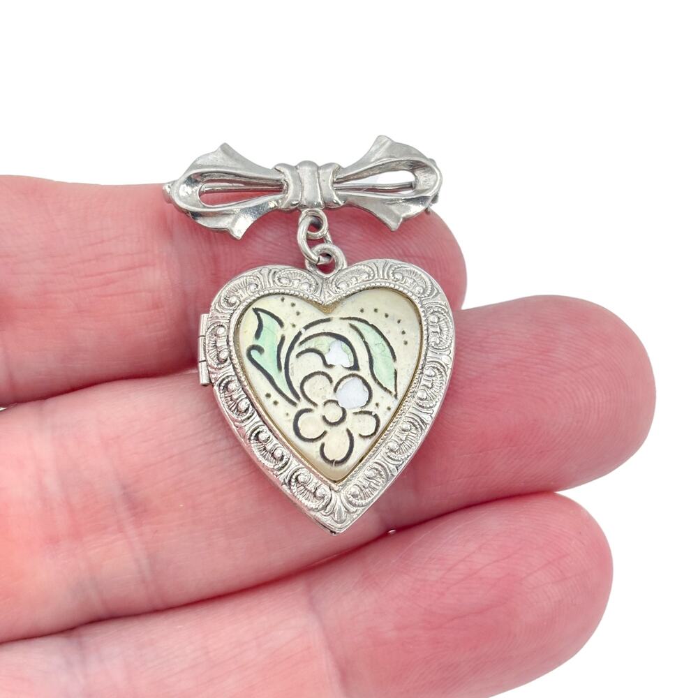 Vintage Sterling Silver 925 Floral Mother of Pearl Heart Locket Brooch